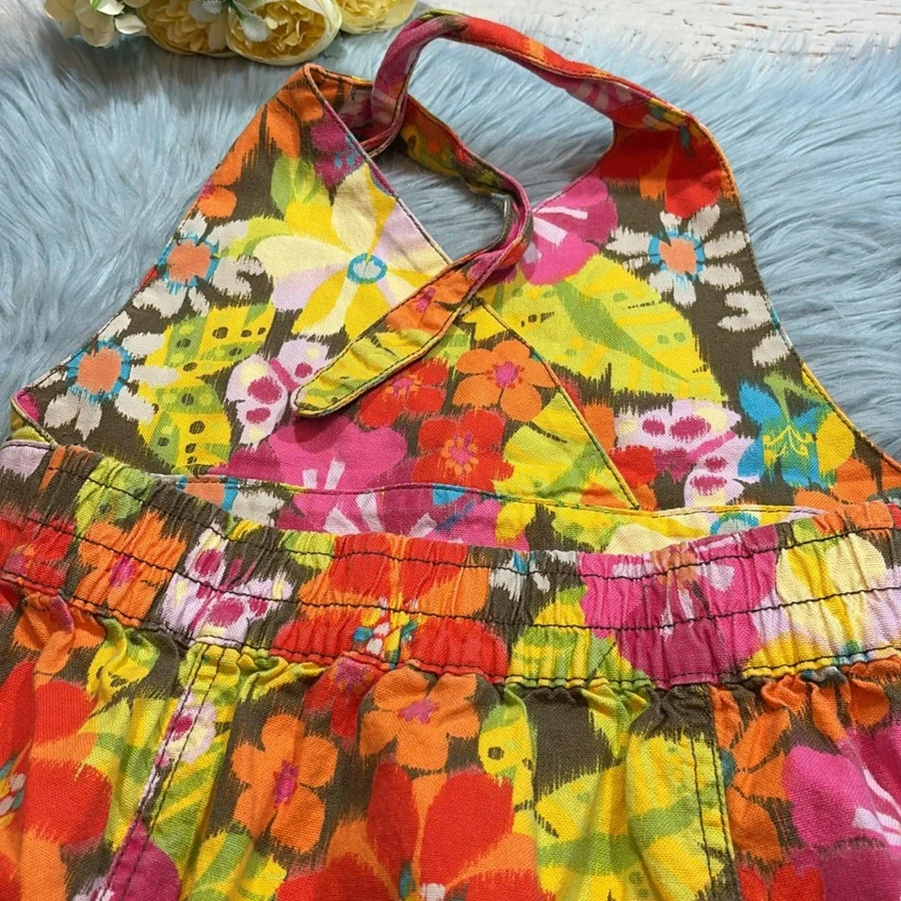 The Children’s Place Stretch Retro Floral Frayed Layer Halter Denim Dress sz 10
